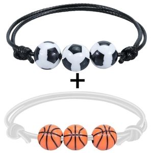 2 Bracelets Basketball & Soccer Ball Adjustable Friendship Couples Black White